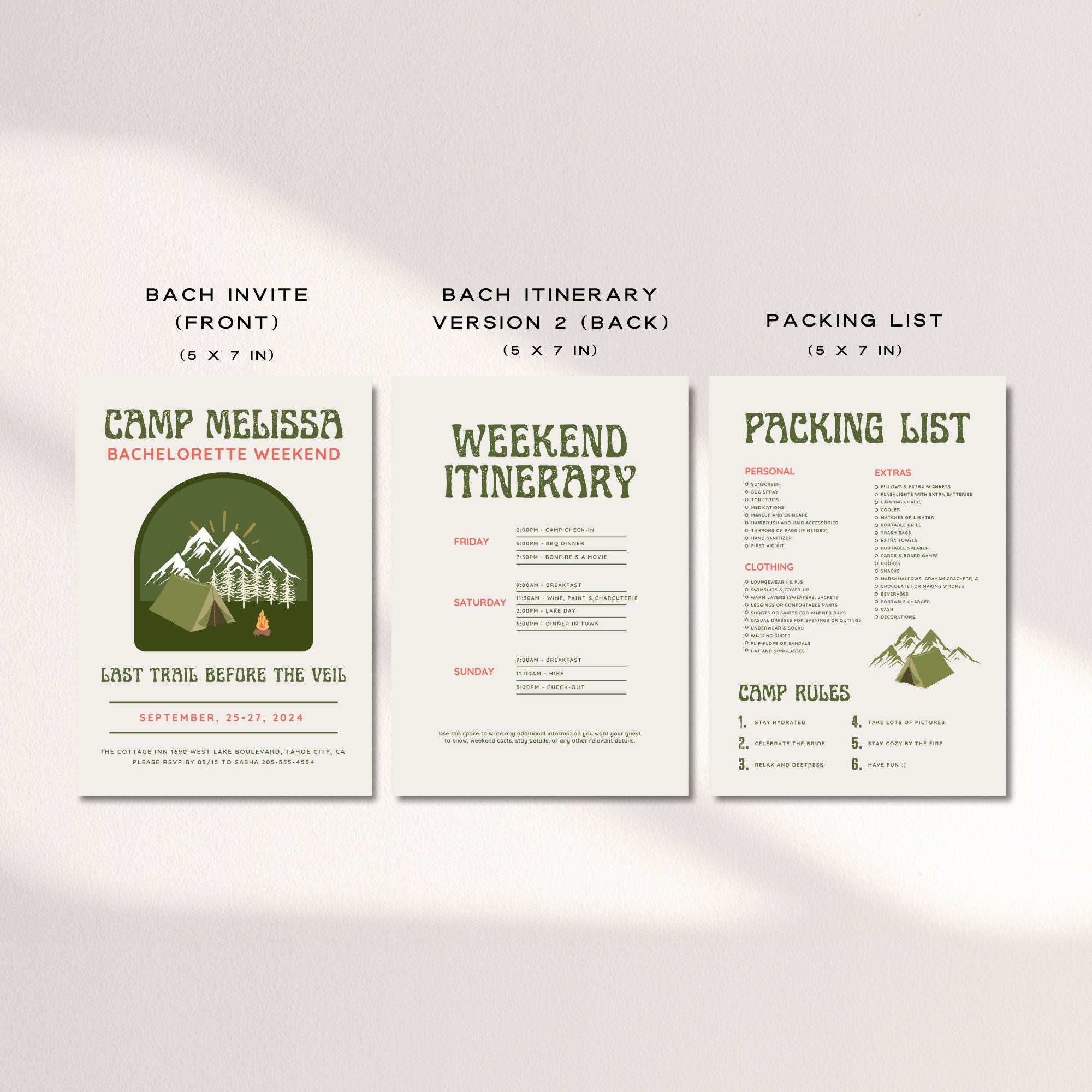 Camp Bachelorette Party Invitation, Itinerary &amp; Packing List Template | Last Trail Before the Veil | Girls Trip Weekend | Camping Bachelorette Printable