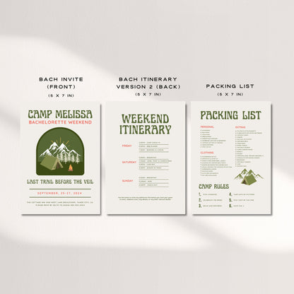 Camp Bachelorette Party Invitation, Itinerary &amp; Packing List Template | Last Trail Before the Veil | Girls Trip Weekend | Camping Bachelorette Printable