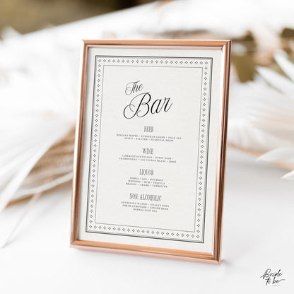 Black &amp; Ivory Wedding Bar Menu Sign | Elegant Canva Template