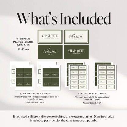 Olive Green Old Money Place Cards – Luxury Flat &amp; Folded Canva Templates