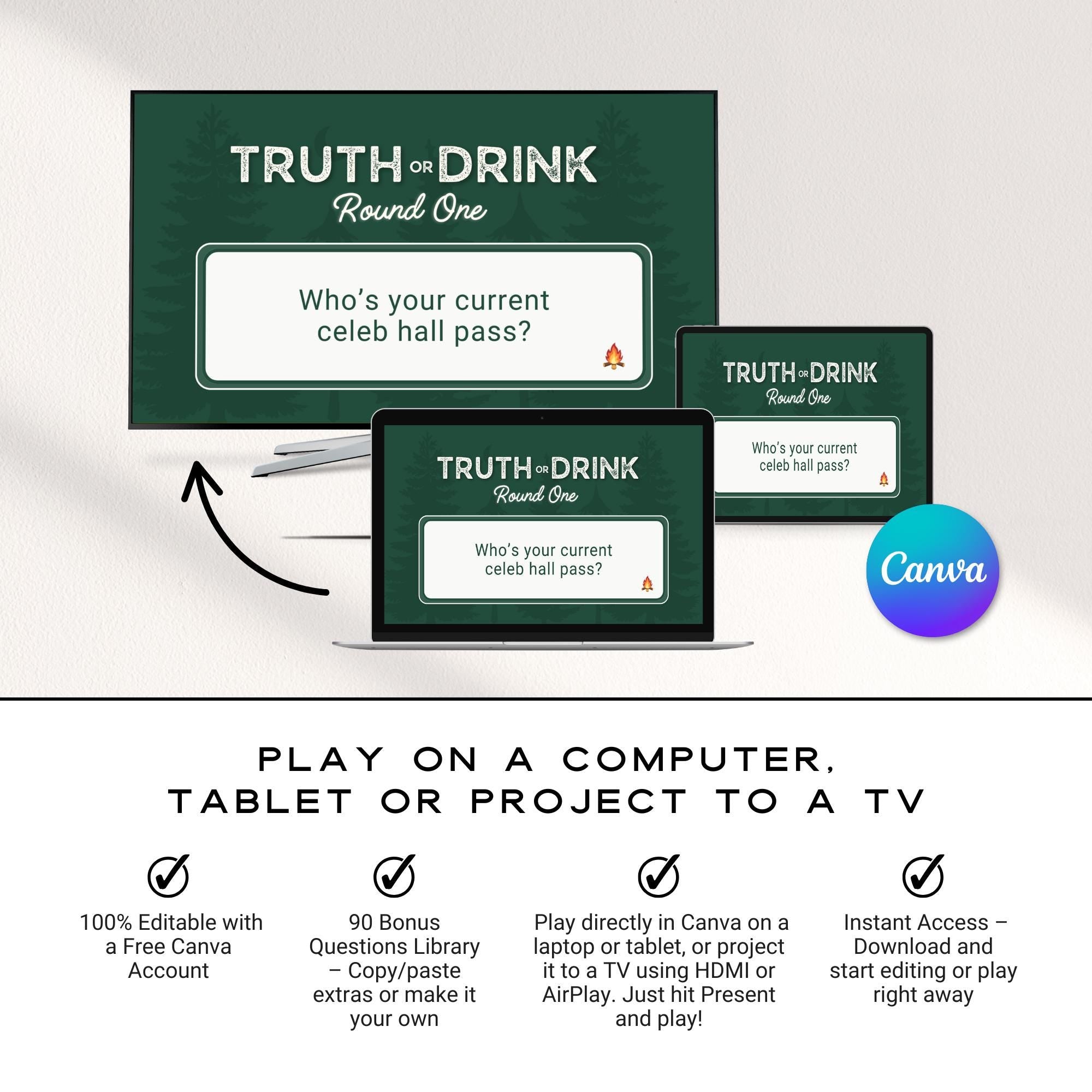 Camp Bach Truth or Drink Bachelorette Party Game – Editable Canva Presentation