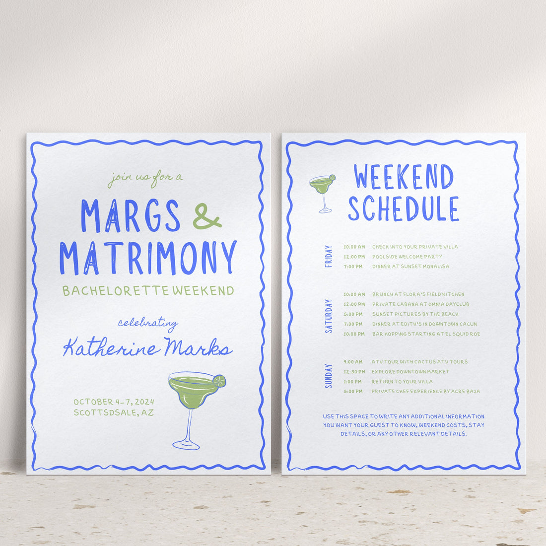 Wavy Margs and Matrimony Bachelorette Invitation &amp; Itinerary – Editable Canva Template