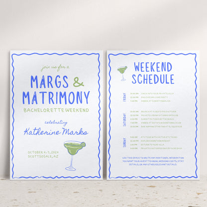 Wavy Margs and Matrimony Bachelorette Invitation &amp; Itinerary – Editable Canva Template