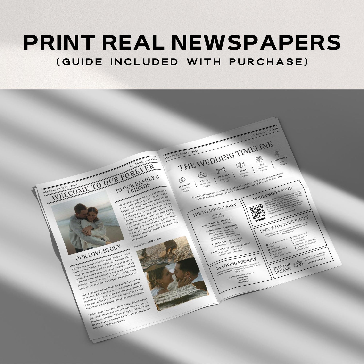 Photo Wedding Newspaper Template – Editable Newspaper Program &amp; Save the Date Canva