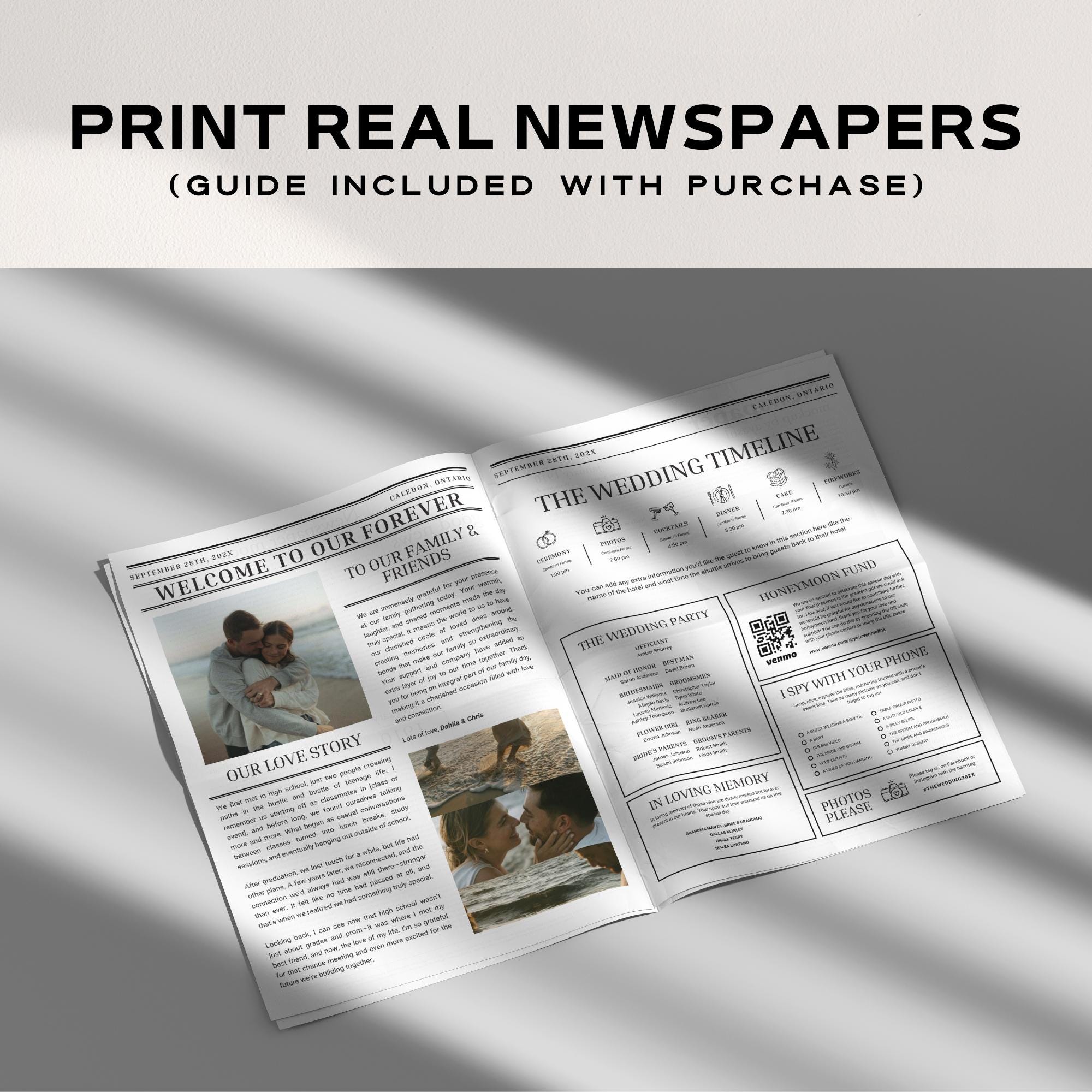 Photo Wedding Newspaper Template – Editable Newspaper Program &amp; Save the Date Canva