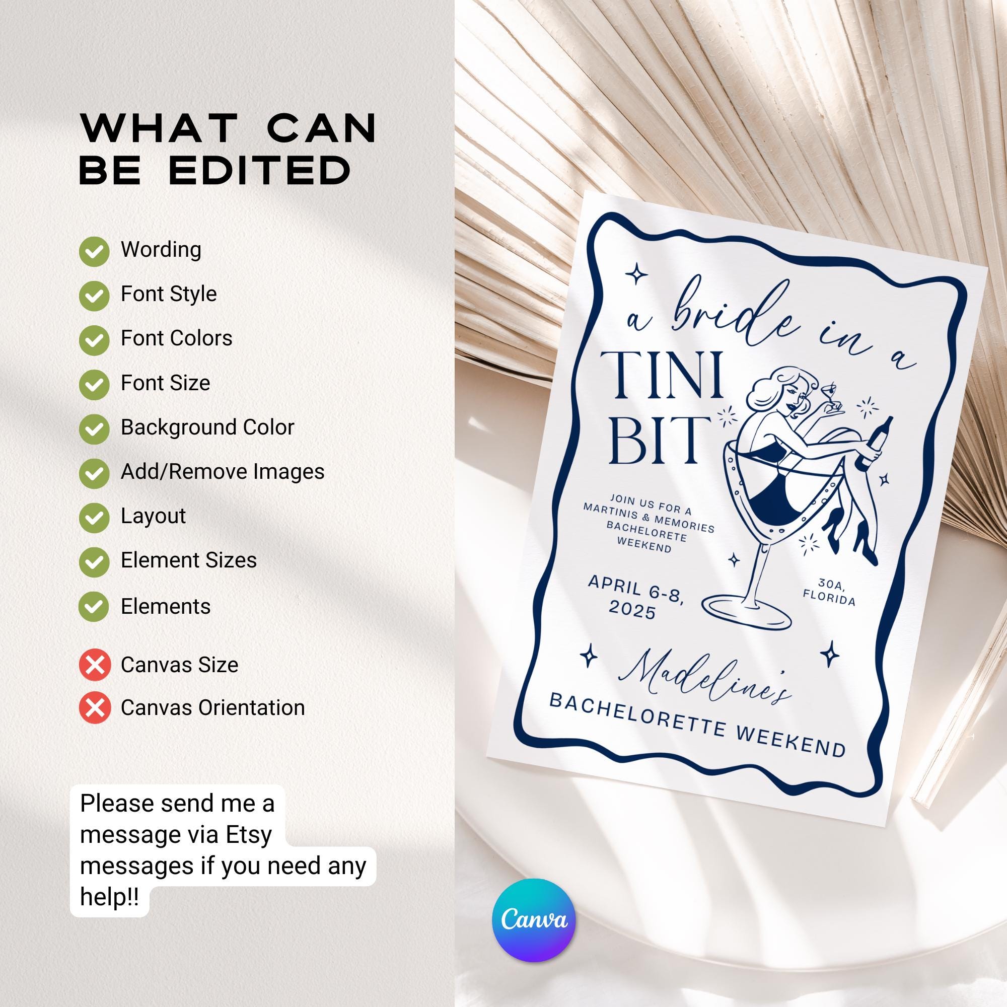Bride In a Tini Bit Bachelorette Itinerary &amp; Invitation – Martini Bachelorette Canva Template Bundle