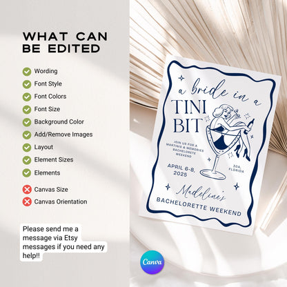 Bride In a Tini Bit Bachelorette Itinerary &amp; Invitation – Martini Bachelorette Canva Template Bundle