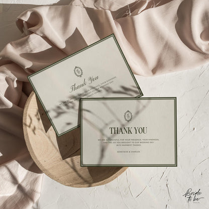 Old Money Olive Green Thank You Card Printable – Elegant Classic Wedding Thank You – Editable Canva Template