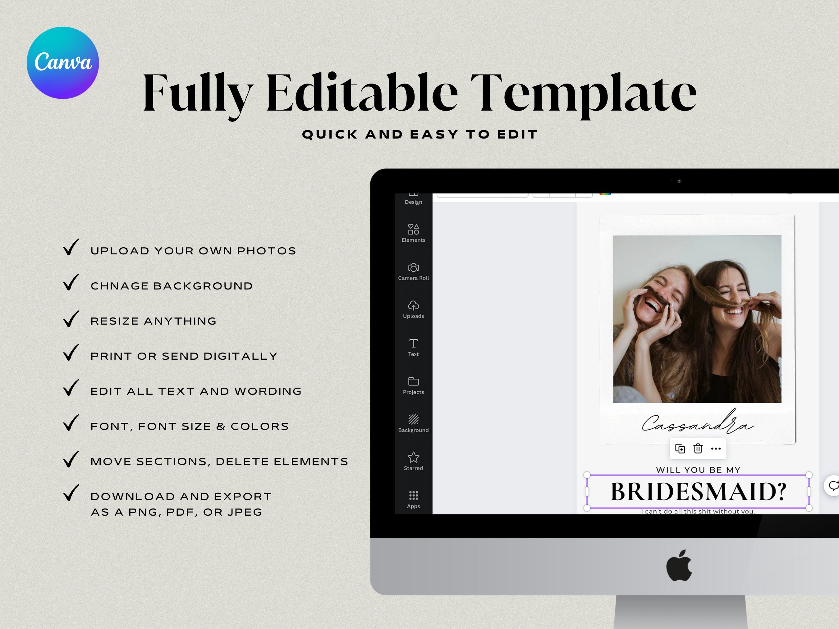 Bridesmaid Info Card Template, Funny Bridesmaid Proposal Card, Editable Canva Template