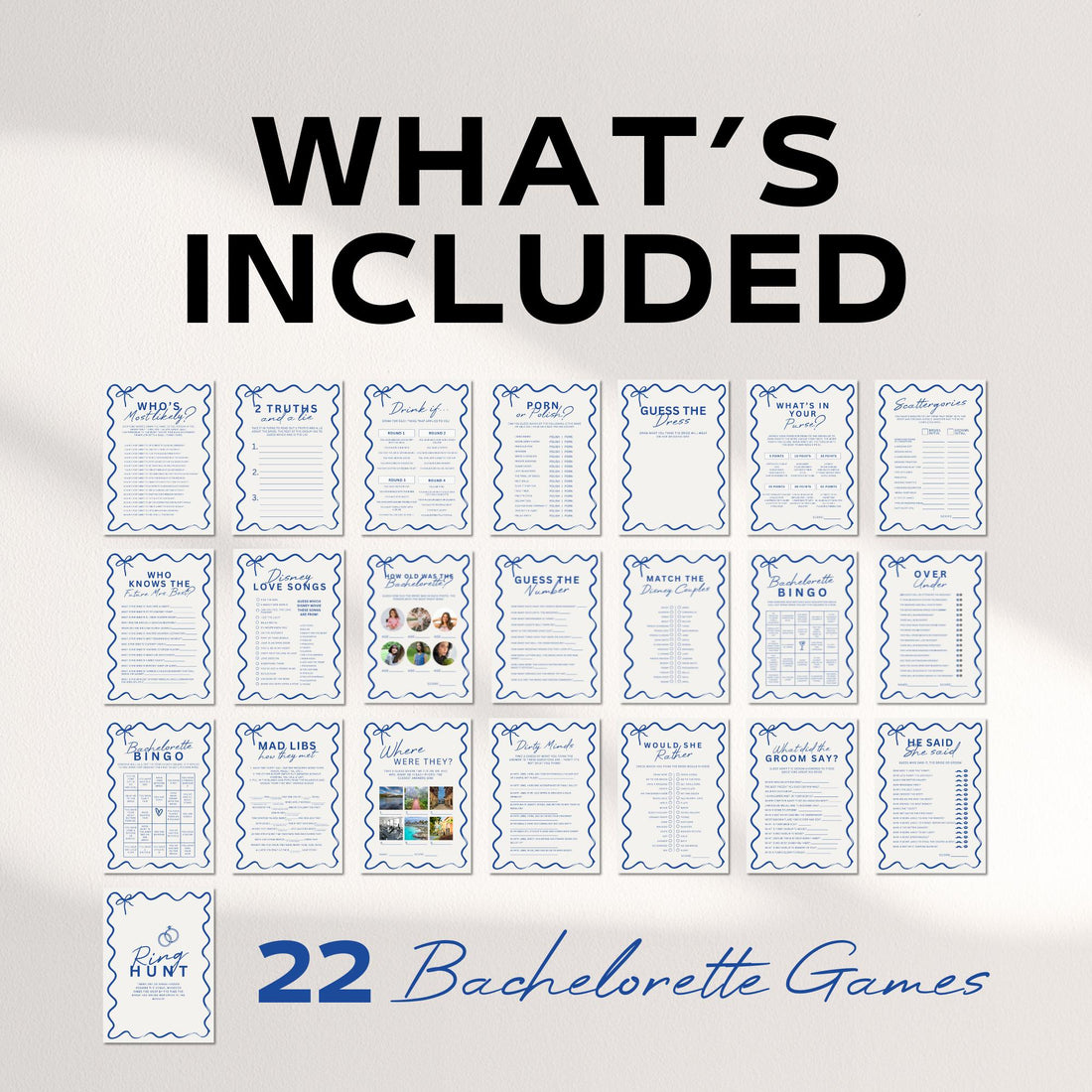 Wavy Blue Bow Bachelorette Party Games Bundle – 22 Editable Canva Templates for Bridal Shower &amp; Hen Party