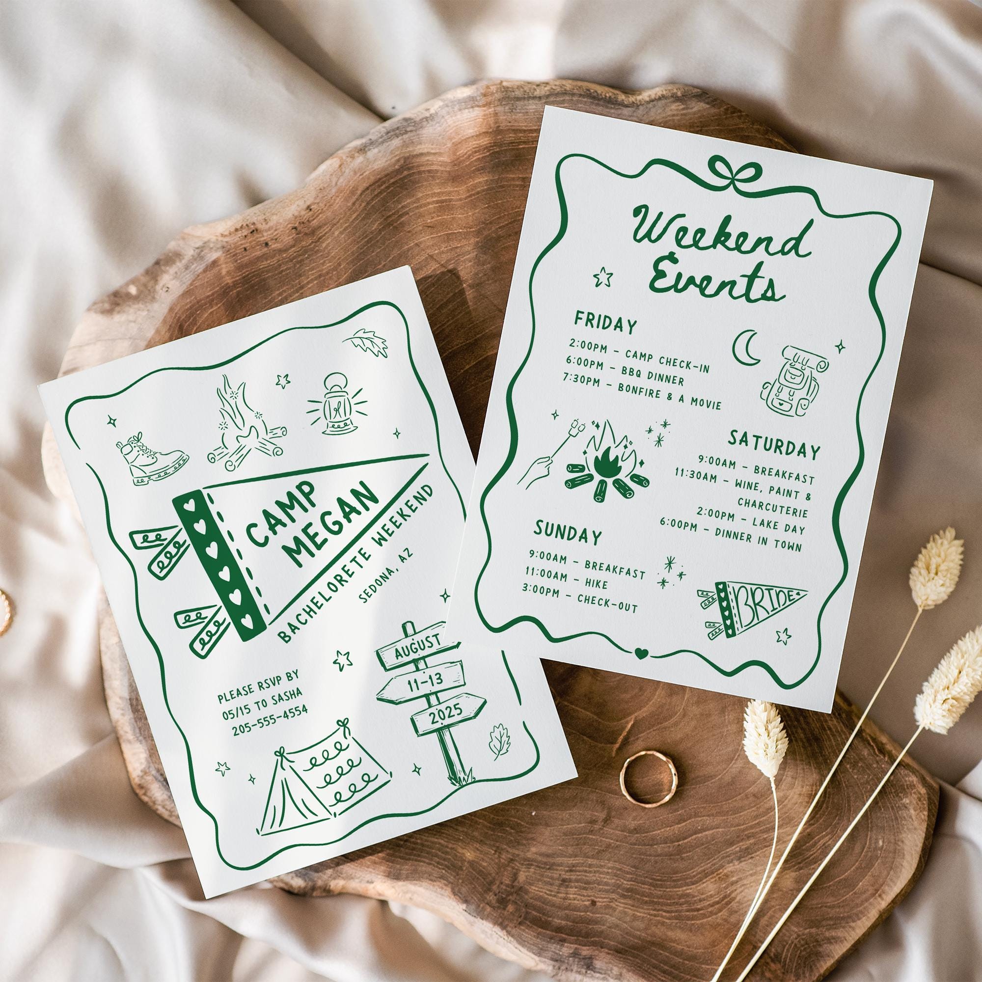 Camp Bachelorette Invitation &amp; Itinerary Bundle – Girls Weekend Canva Template Set