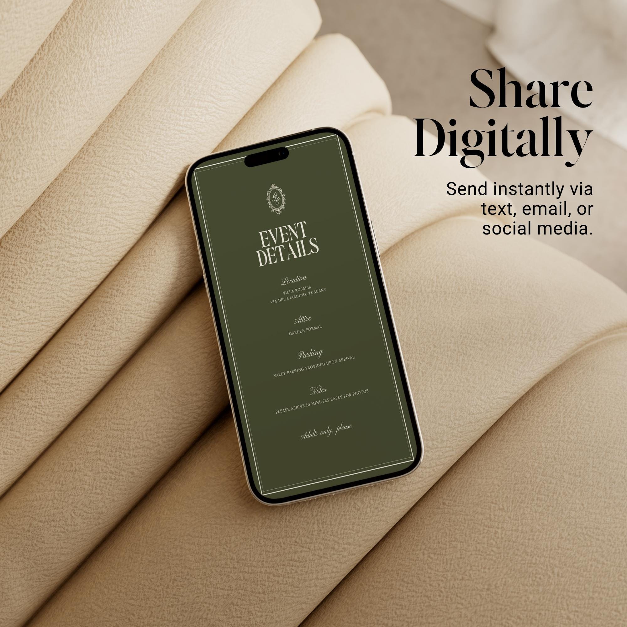 Olive Green Engagement Party Invitation – Old Money Estate Canva Template