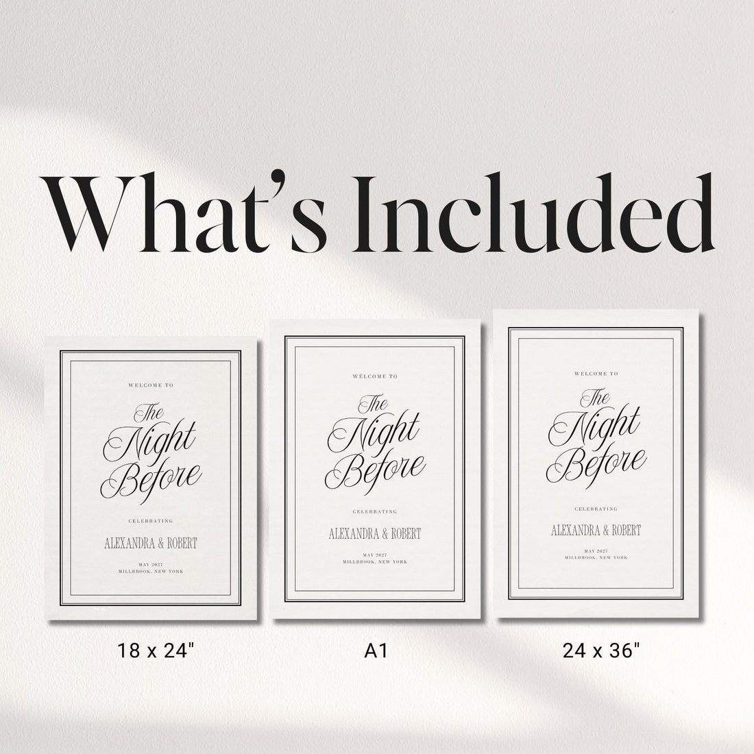 Black &amp; Ivory Night Before Welcome Sign | Rehearsal Dinner Canva Template