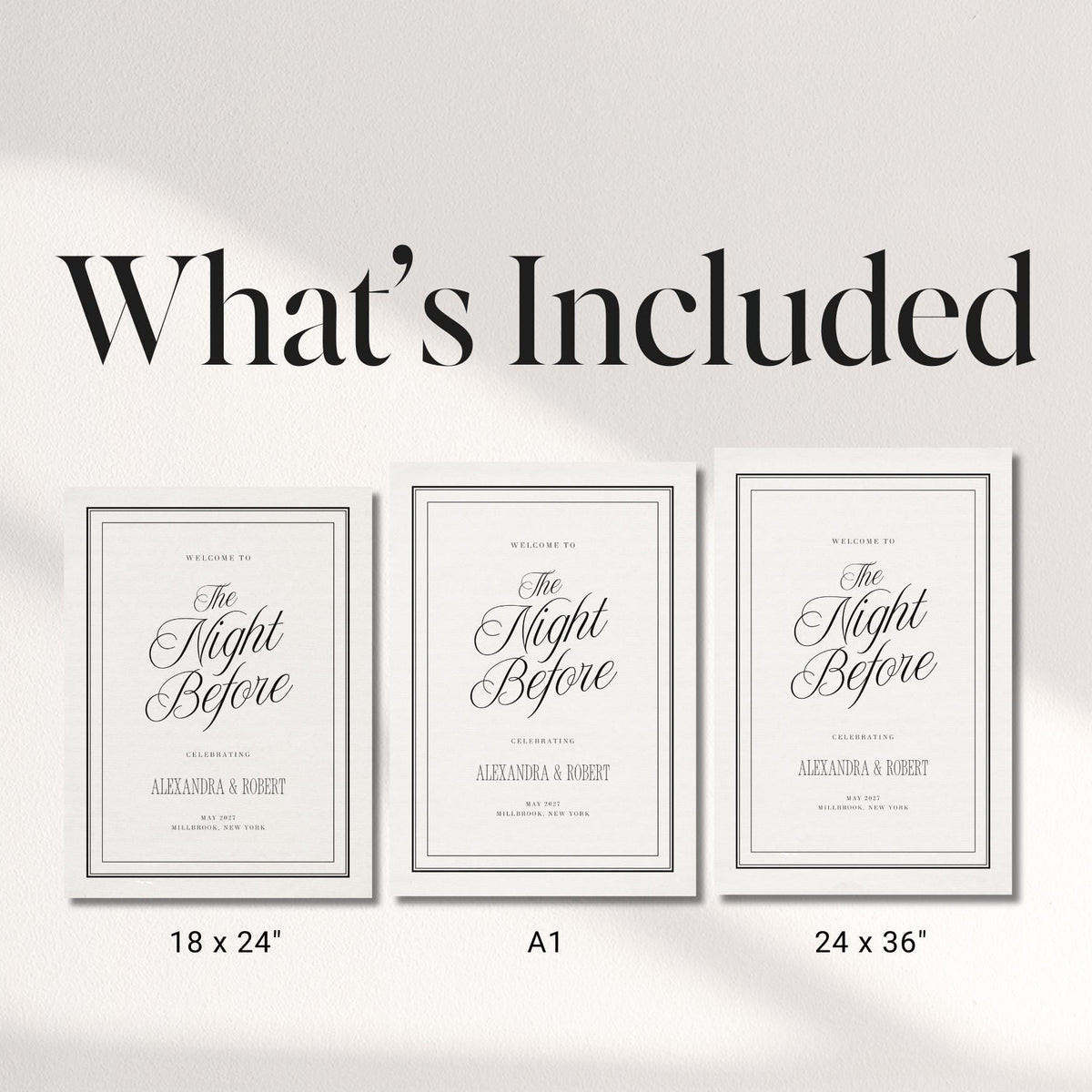 Black &amp; Ivory Night Before Welcome Sign | Rehearsal Dinner Canva Template