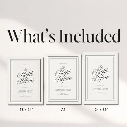 Black &amp; Ivory Night Before Welcome Sign | Rehearsal Dinner Canva Template