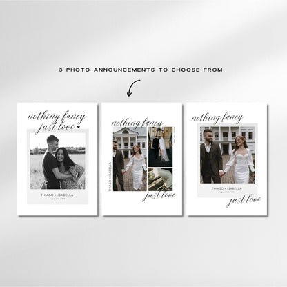 Nothing Fancy Just Love Elopement Announcement – Minimal Photo Elopement Invitation Canva Template