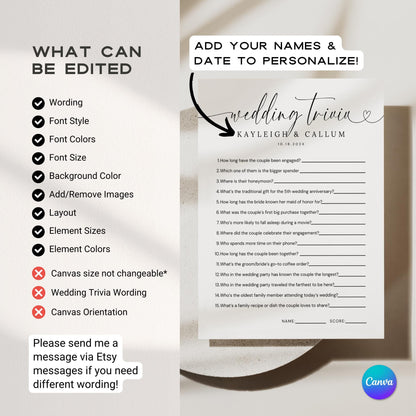 Minimal Wedding Trivia Game Template – Modern Reception Table Games Editable Canva DIY