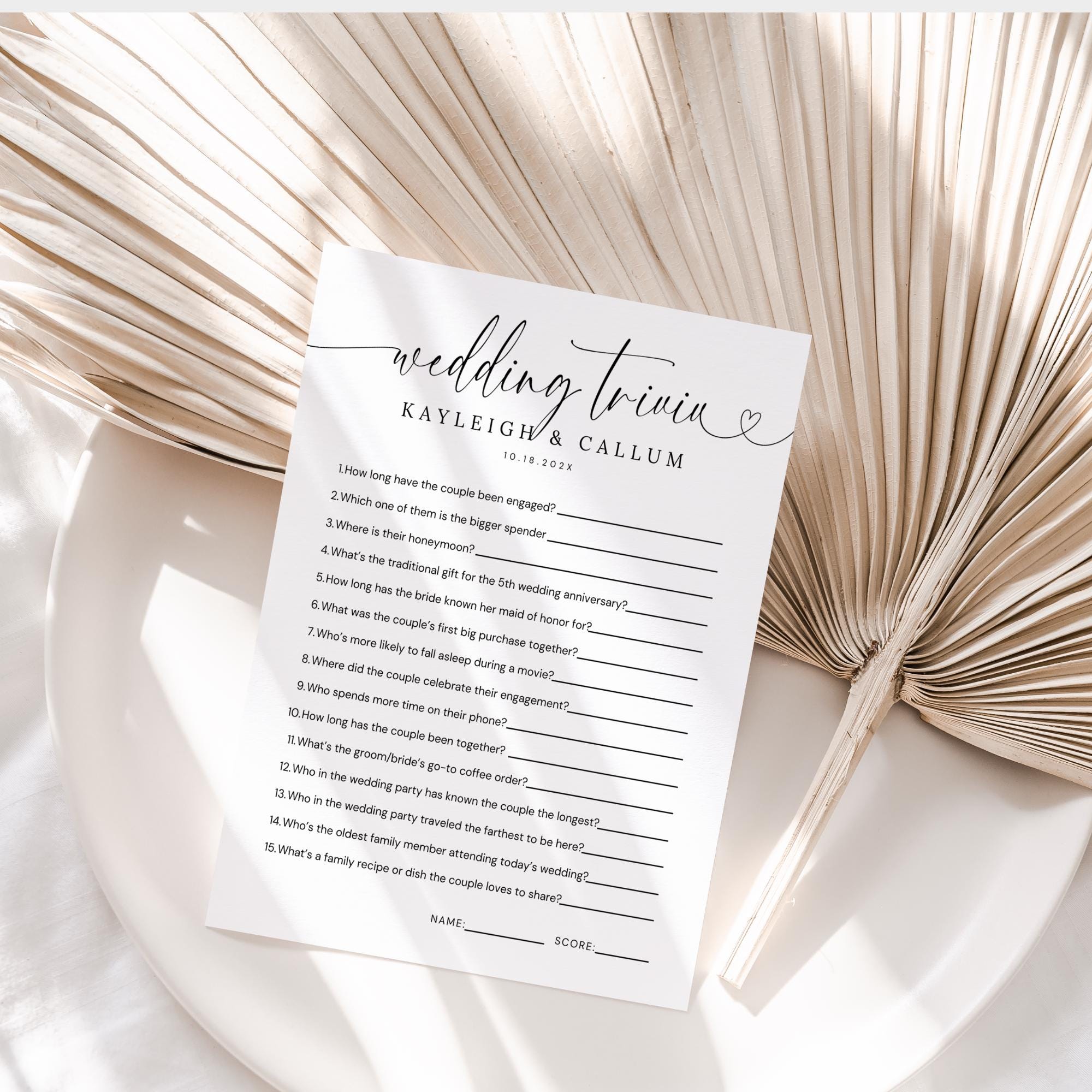 Minimal Wedding Trivia Game Template – Modern Reception Table Games Editable Canva DIY