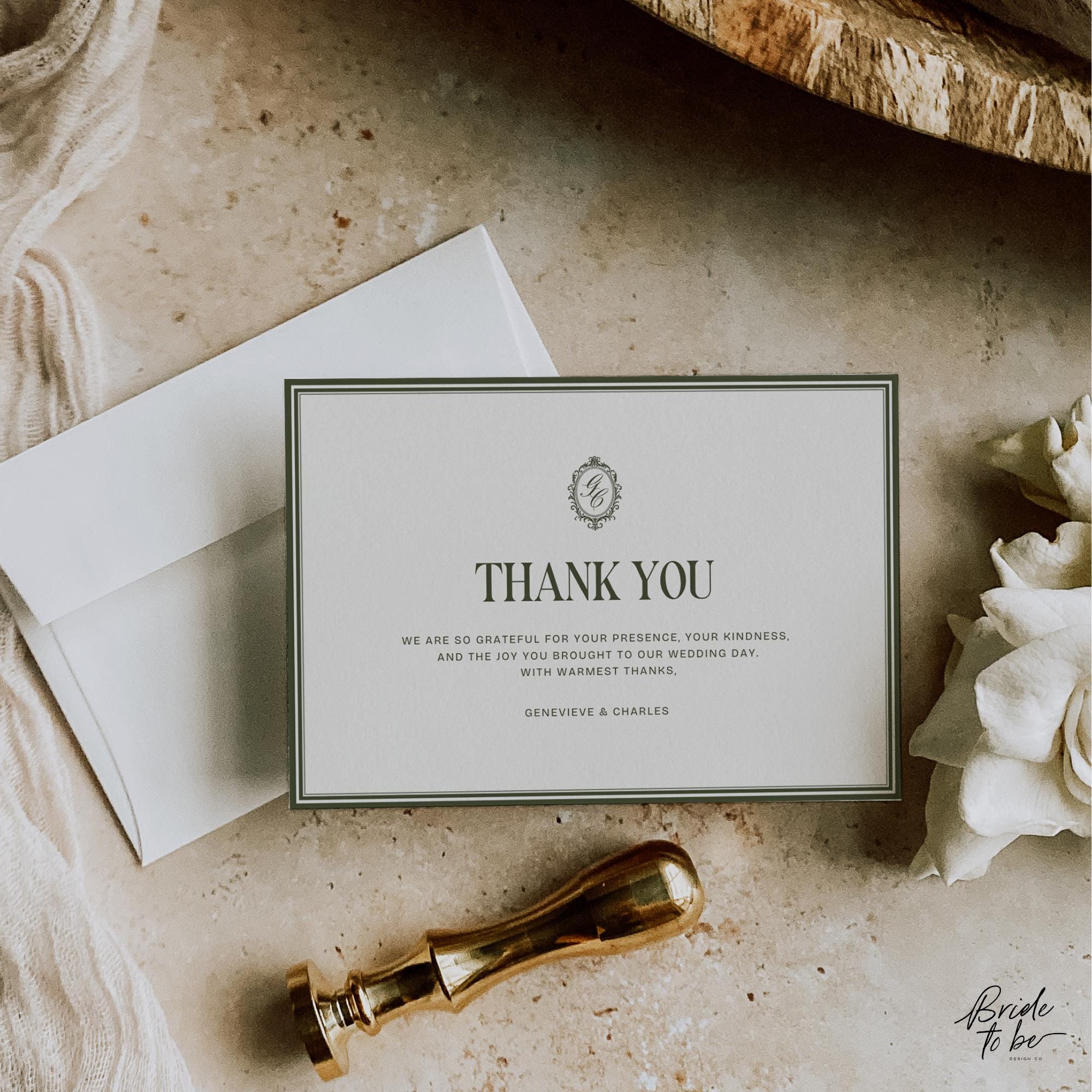 Old Money Olive Green Thank You Card Printable – Elegant Classic Wedding Thank You – Editable Canva Template