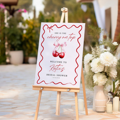 Cherry On Top Bridal Shower Welcome Sign Template – Editable Canva, Wavy Pink Cherries Design