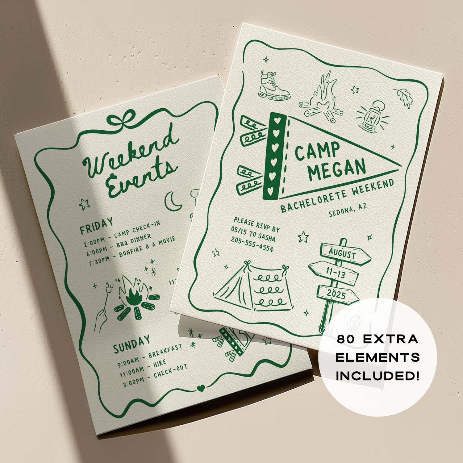Camp Bachelorette Invitation &amp; Itinerary Bundle – Girls Weekend Canva Template Set