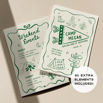 Camp Bachelorette Invitation &amp; Itinerary Bundle – Girls Weekend Canva Template Set