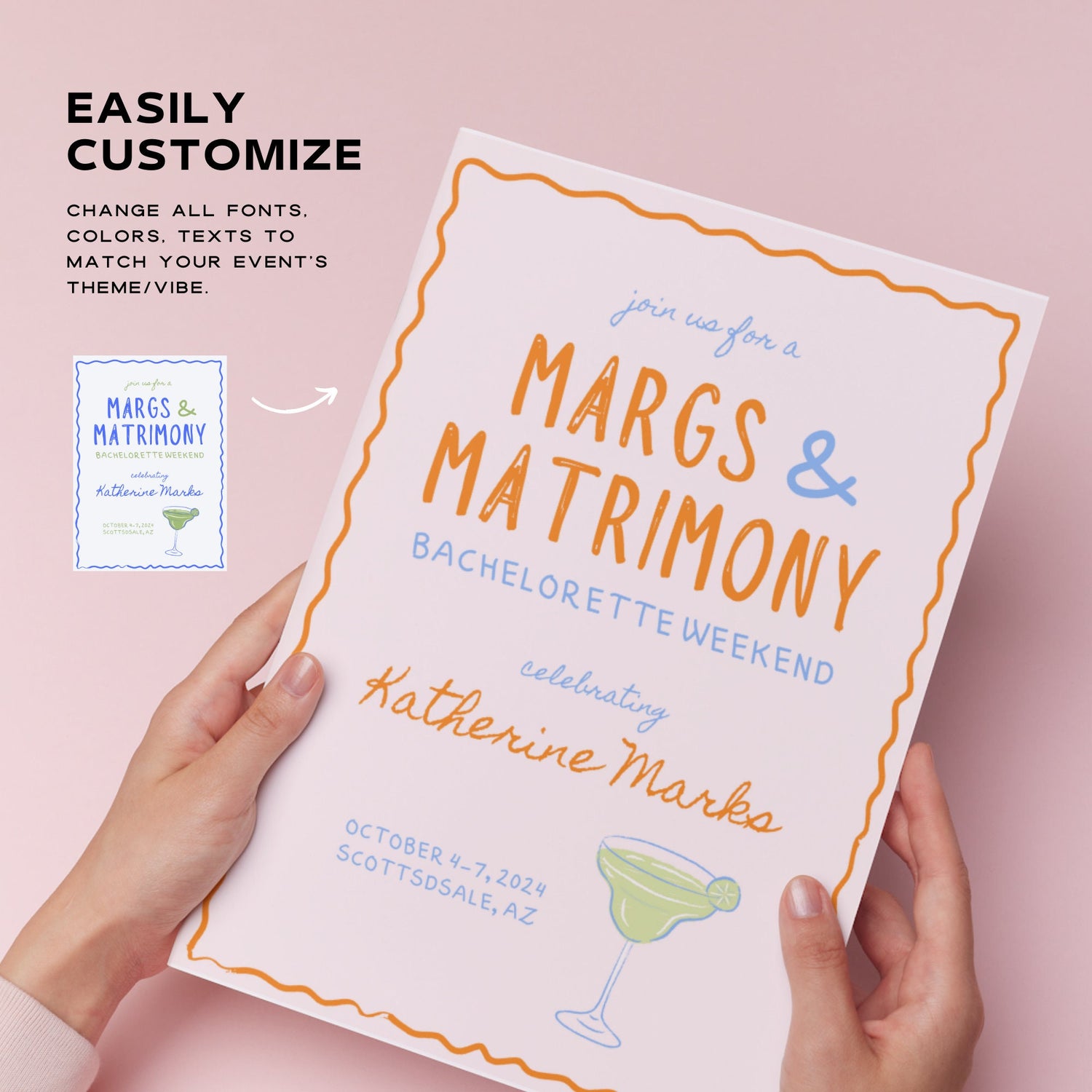 Wavy Margs and Matrimony Bachelorette Invitation &amp; Itinerary – Editable Canva Template
