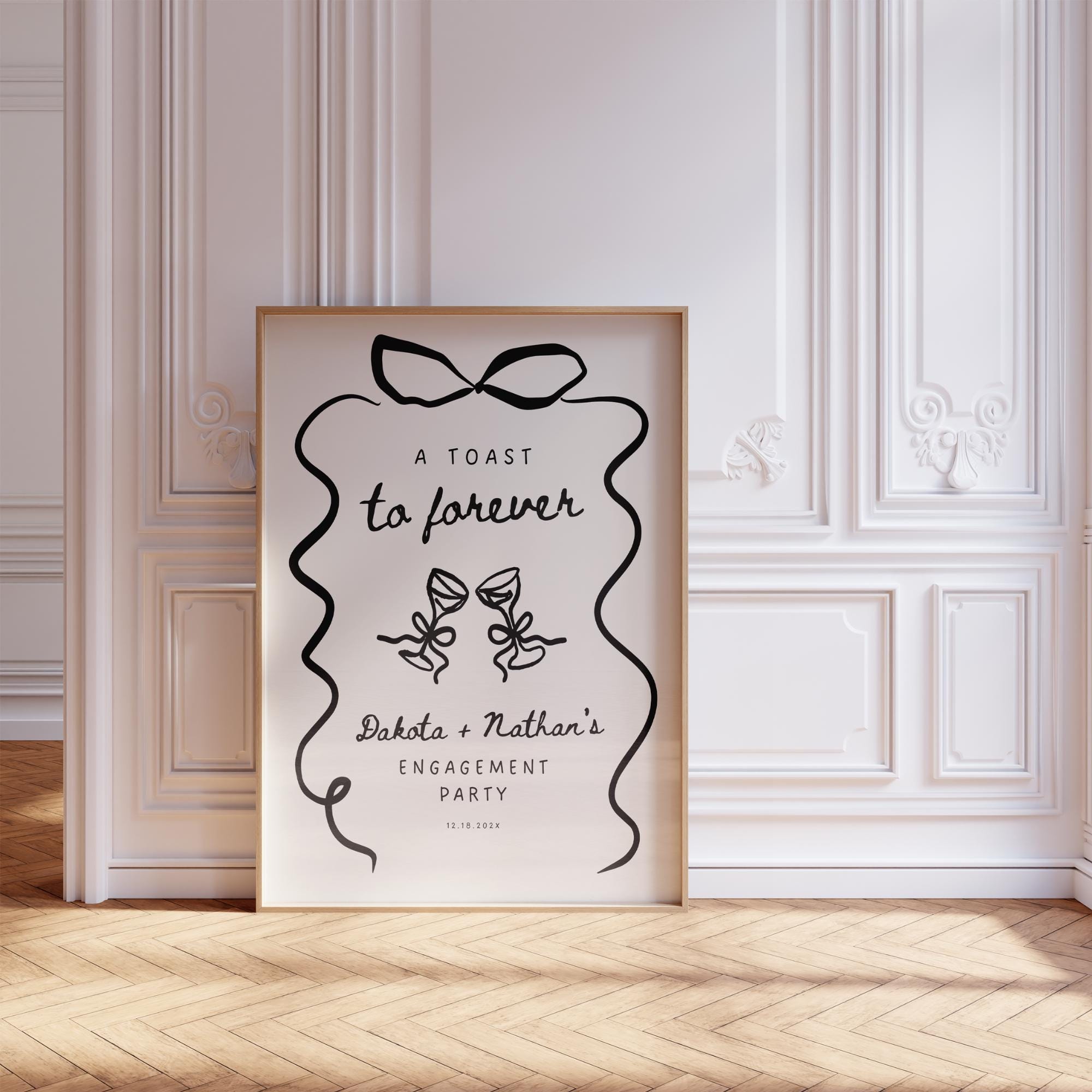 Wavy Bow Engagement Party Welcome Sign – Whimsical Hand-Drawn Champagne Canva Template