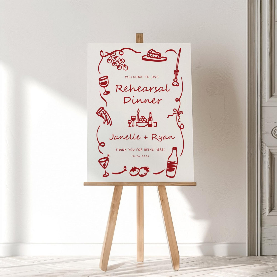 Whimsical Italian Rehearsal Dinner Welcome Sign – Hand-Drawn Engagement Party Canva Template