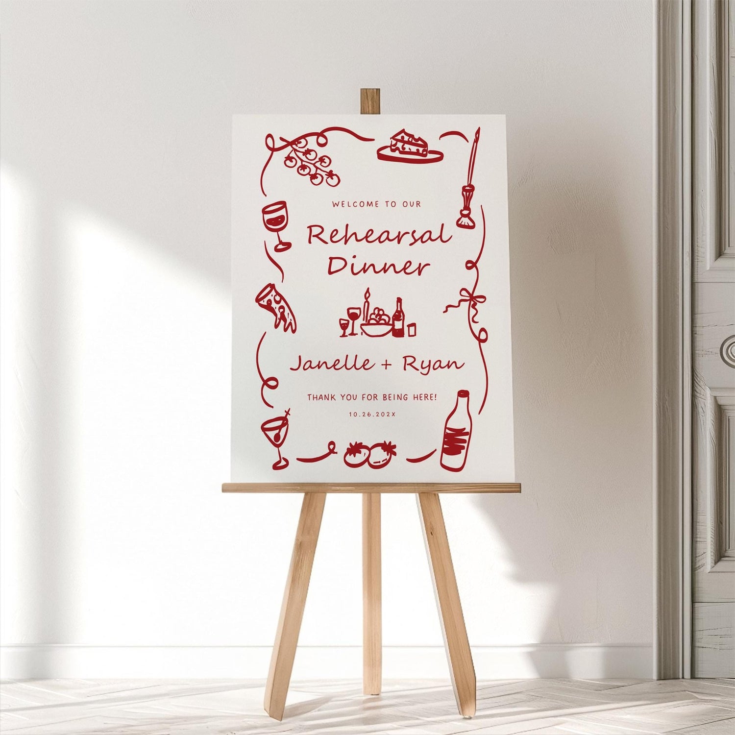 Whimsical Italian Rehearsal Dinner Welcome Sign – Hand-Drawn Engagement Party Canva Template