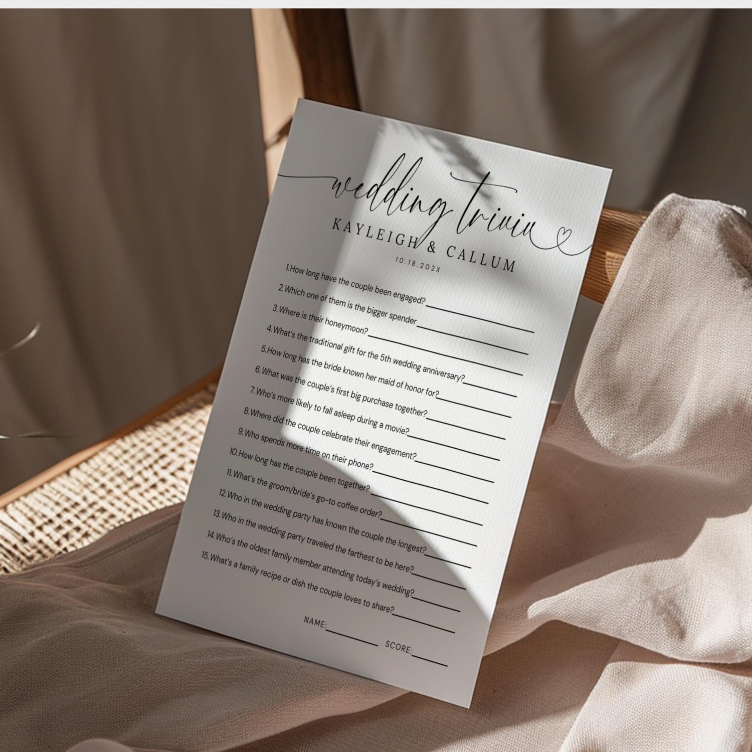 Minimal Wedding Trivia Game Template – Modern Reception Table Games Editable Canva DIY