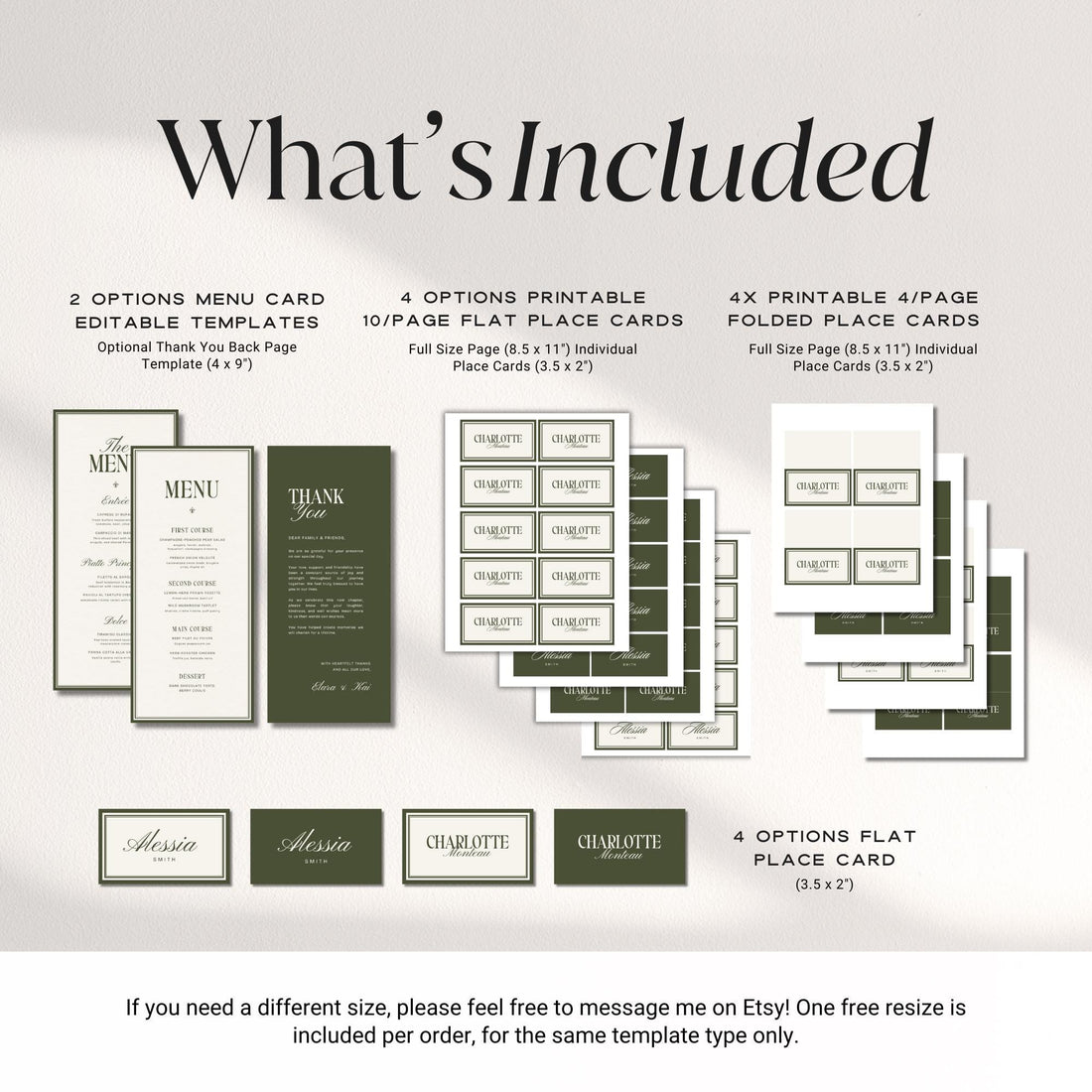 Old Money Wedding Menu &amp; Place Cards Set - Olive Green Elegant Canva Templates