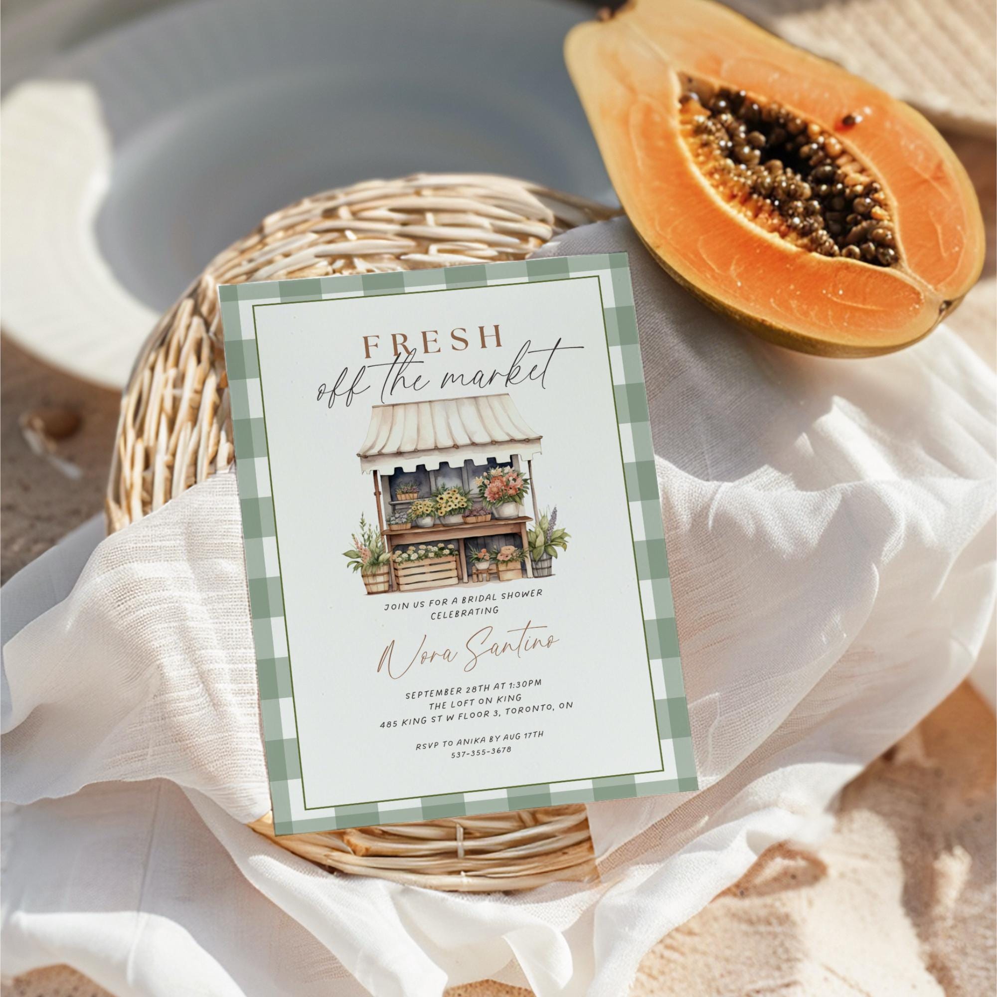 Green Plaid Fresh Off The Market Bridal Shower Invitation Template, Editable Bridal Shower Invite, Farmers Market Wedding Shower Canva DIY