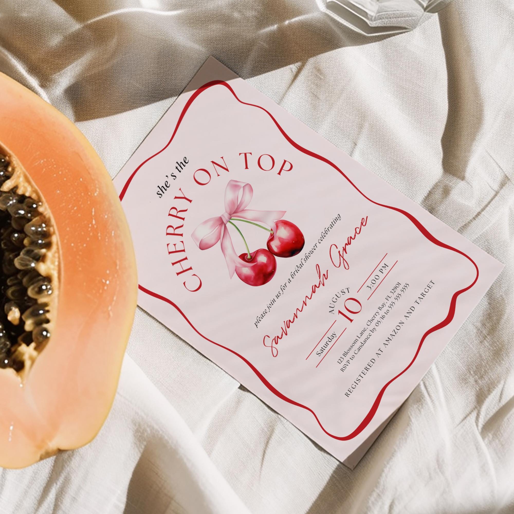 Cherry On Top Bridal Shower Invitation Template, Pink Bridal Shower Invite, Cherry Bridal Brunch Invitation, Wedding Shower Invitations DIY