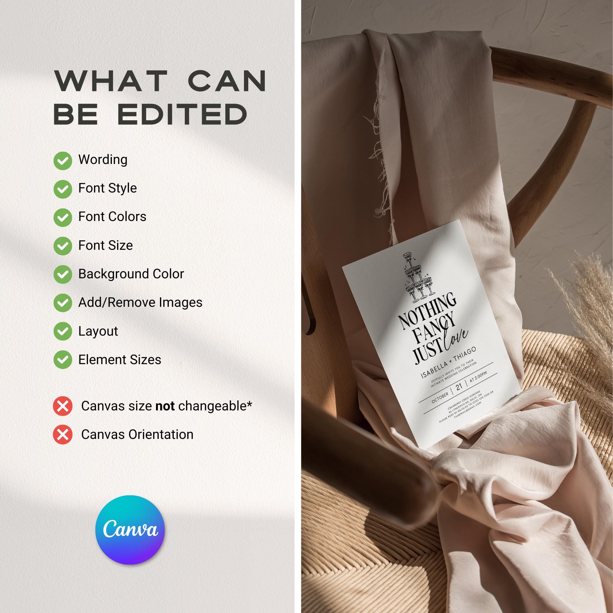 Nothing Fancy Just Love Invitation – Minimalist Elopement Announcement &amp; Modern Canva Template