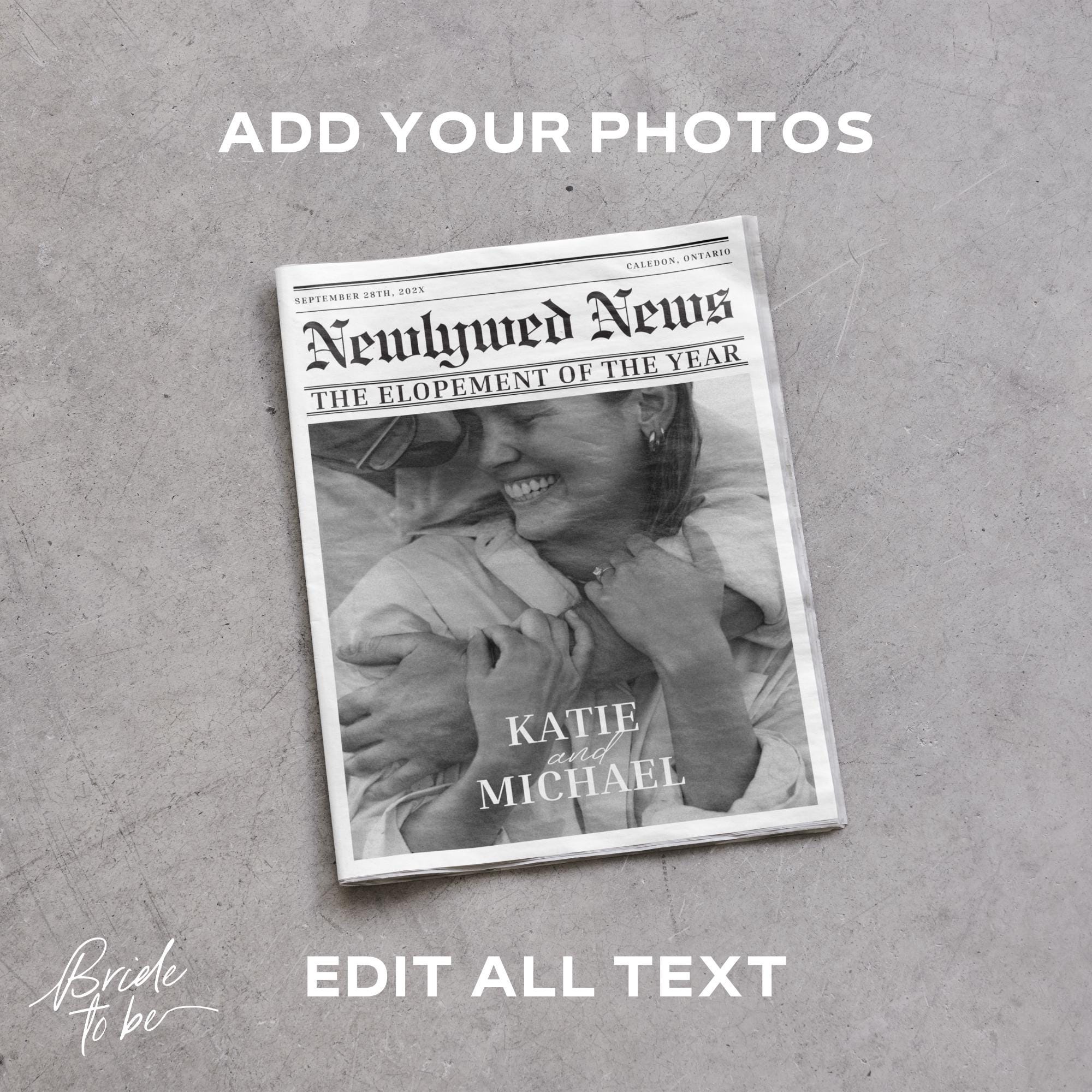 Photo Wedding Newspaper Template – Editable Newspaper Program &amp; Save the Date Canva