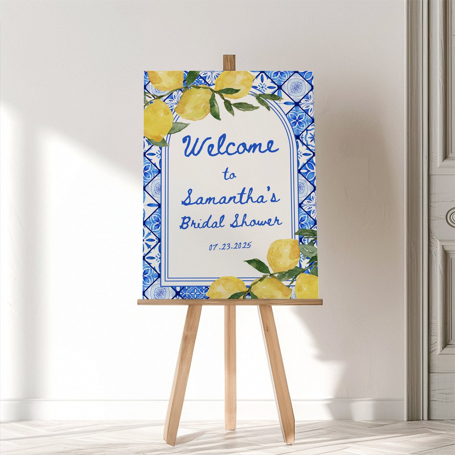 Blue Tile Italian Lemon Bridal Shower Welcome Sign – Editable Canva Bridal Shower Decor