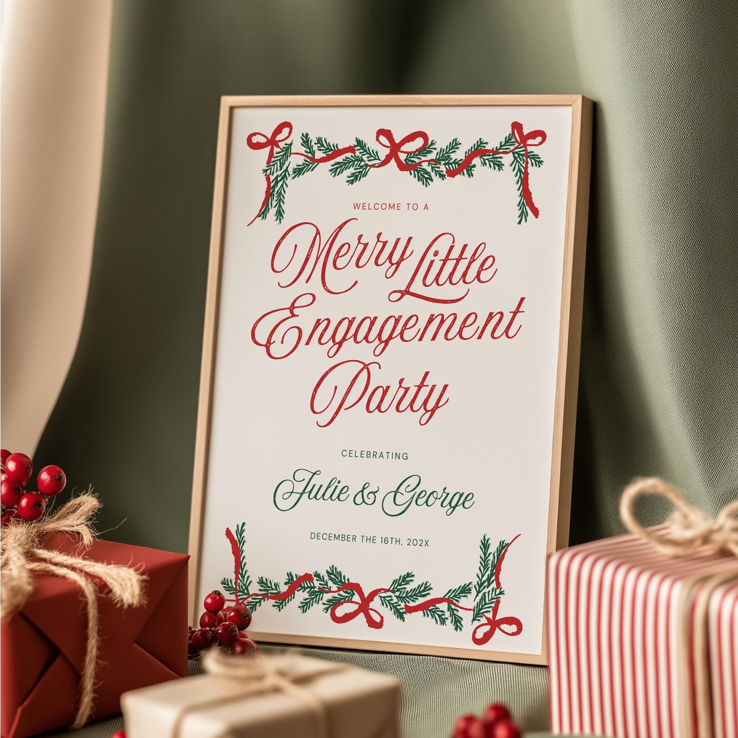Christmas Engagement Party Welcome Sign – Festive Holiday Wedding Canva Template