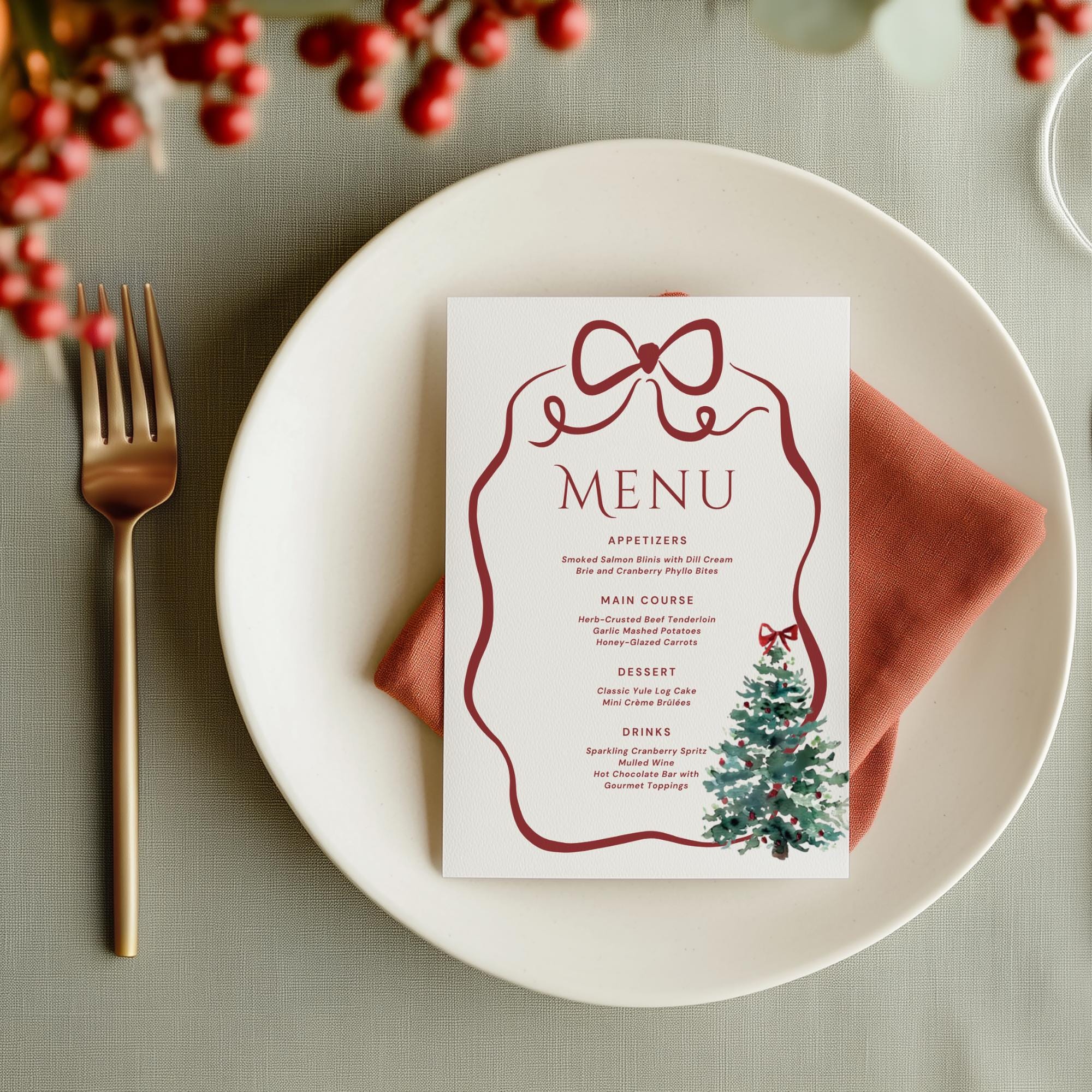 Christmas Engagement Party Menu – Whimsical Winter Wedding Menu Canva Template