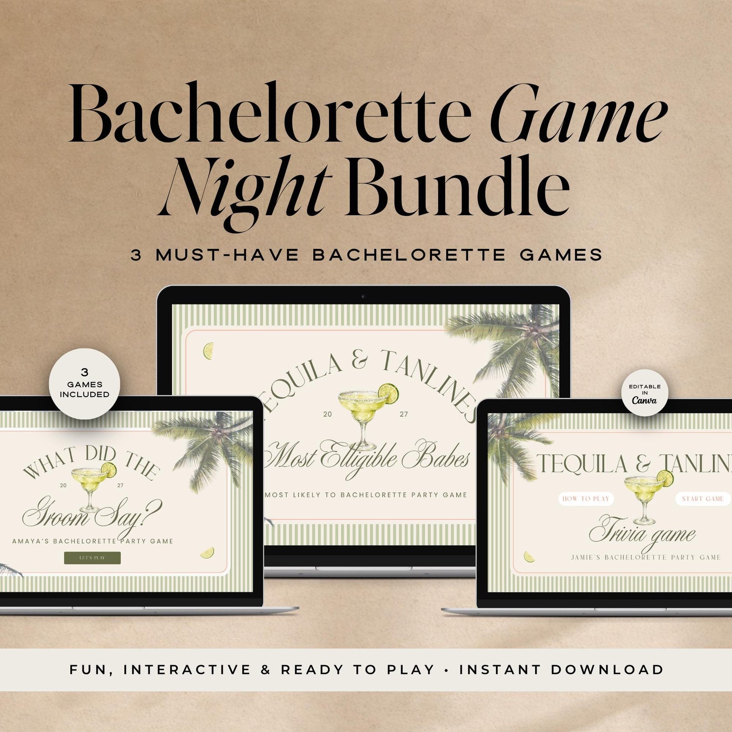 Tequila &amp; Tanlines Bachelorette Games Bundle – Animated Canva Party Games