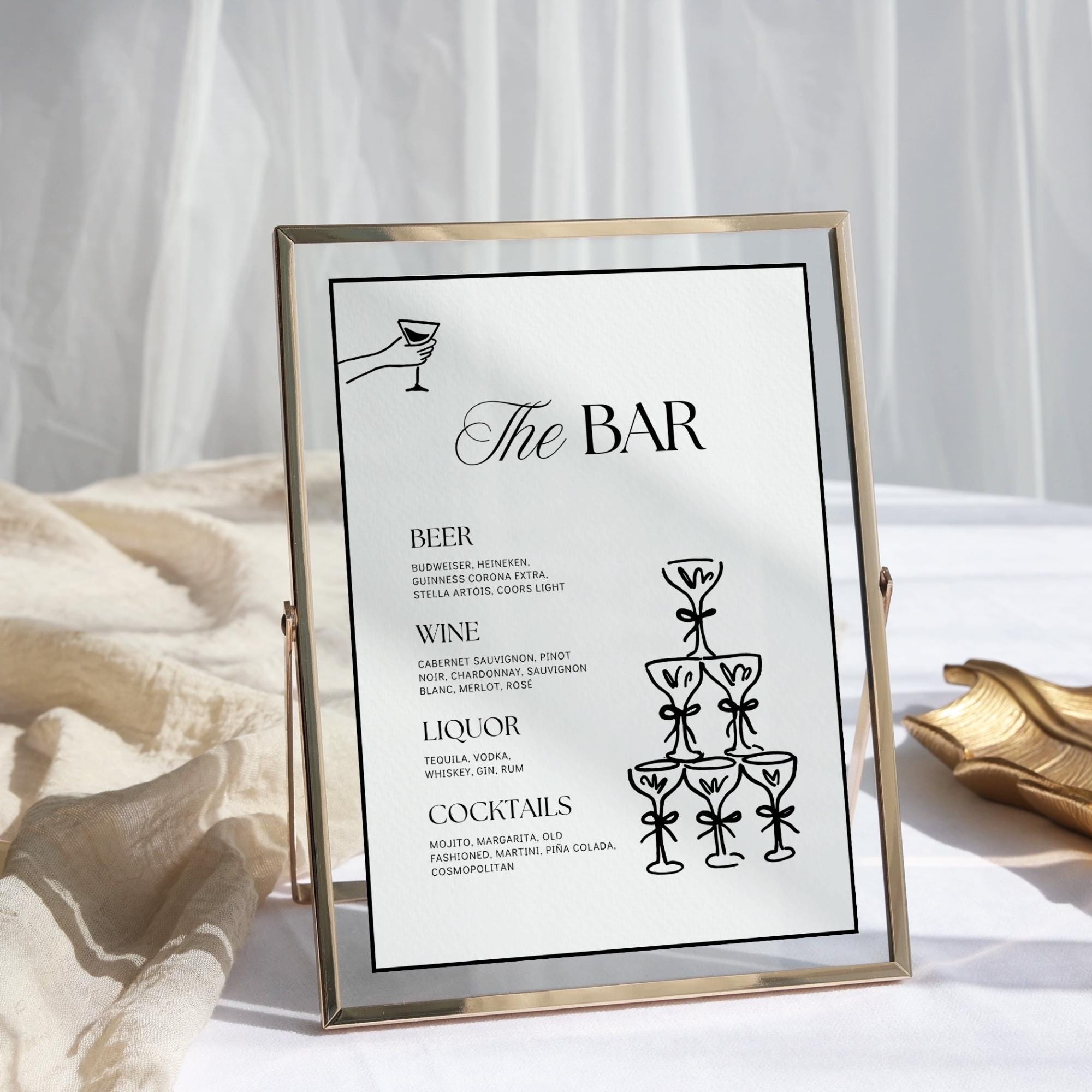 Wedding Bar Sign Template – Rehearsal Dinner Open Bar Sign &amp; Champagne Tower Menu – Editable Canva Design