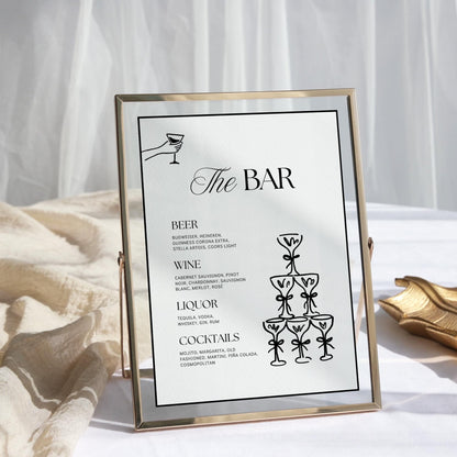 Wedding Bar Sign Template – Rehearsal Dinner Open Bar Sign &amp; Champagne Tower Menu – Editable Canva Design