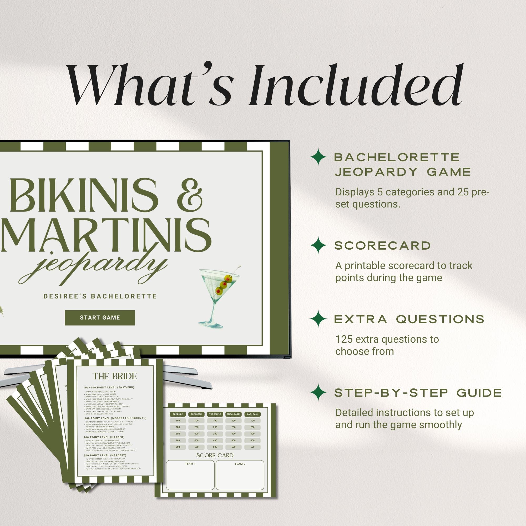 Bikinis and Martinis Bachelorette Jeopardy Game Template, Bach Drinking Game Hens Party, Martinis and Bikinis Bachelorette Trivia Game Canva