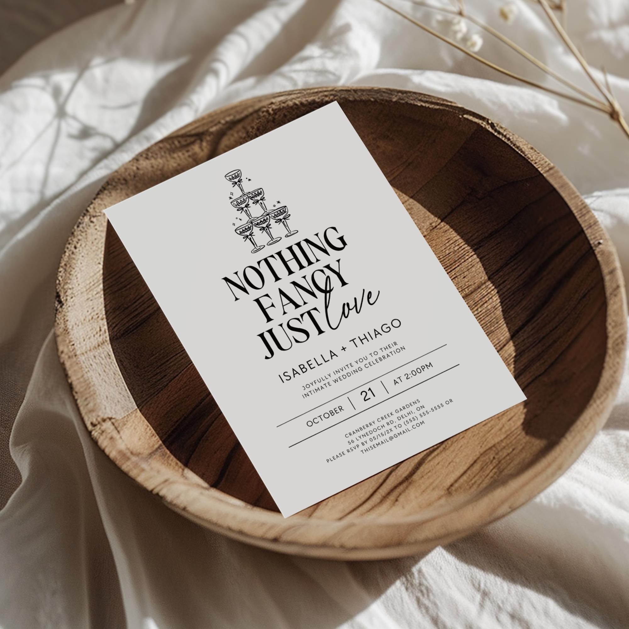 Nothing Fancy Just Love Invitation – Minimalist Elopement Announcement &amp; Modern Canva Template