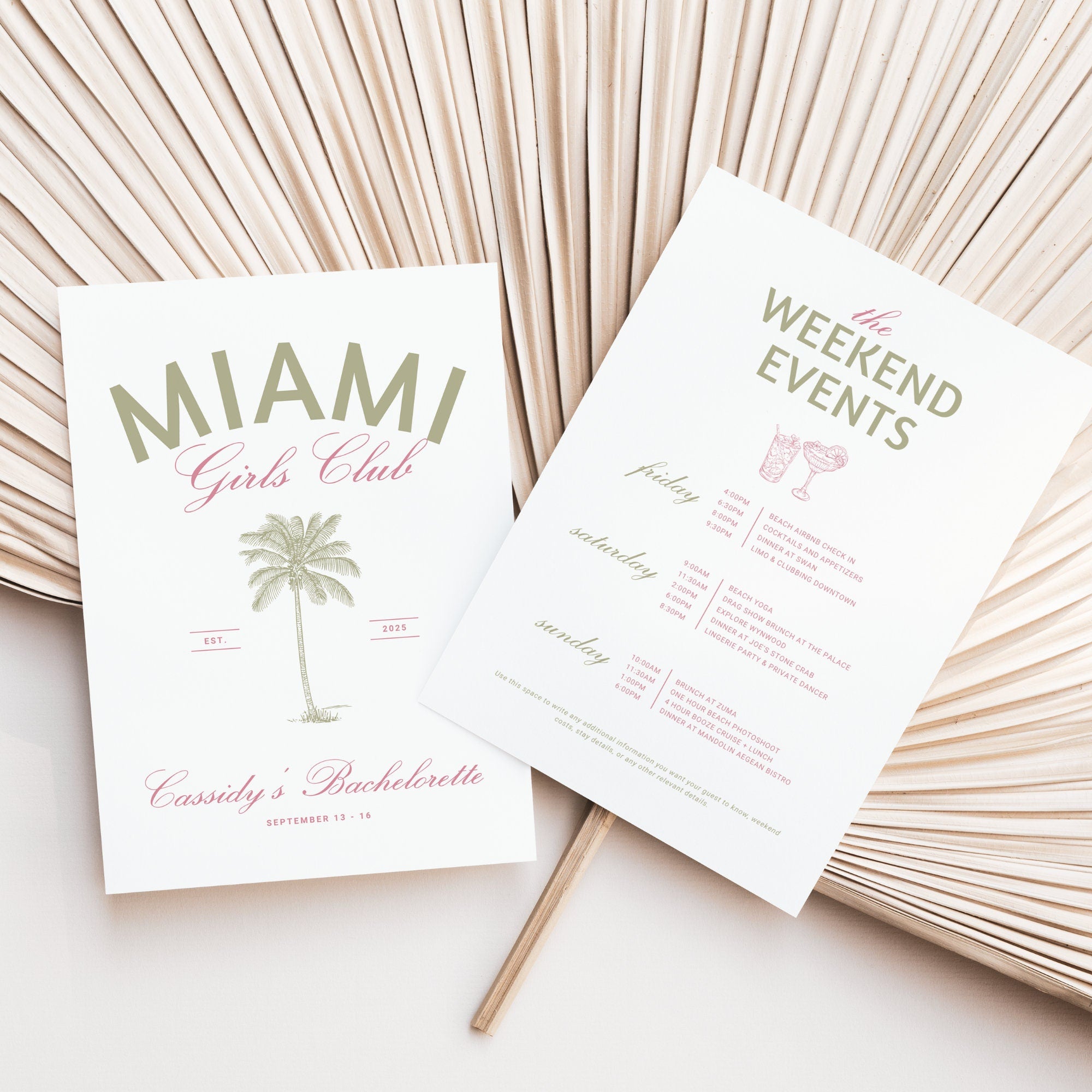 Miami Bachelorette Invitation &amp; Itinerary – Editable Girls Trip Canva Template
