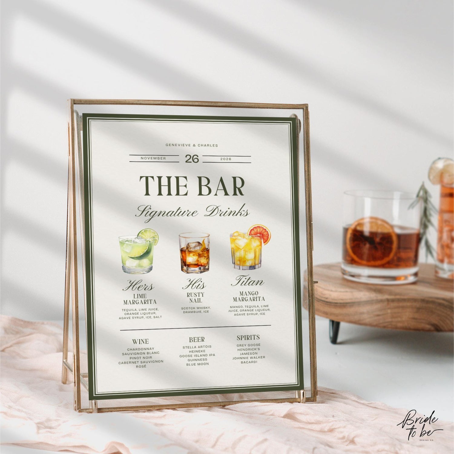Old Money Olive Green Signature Drinks Sign – Classic Wedding Bar Canva Template
