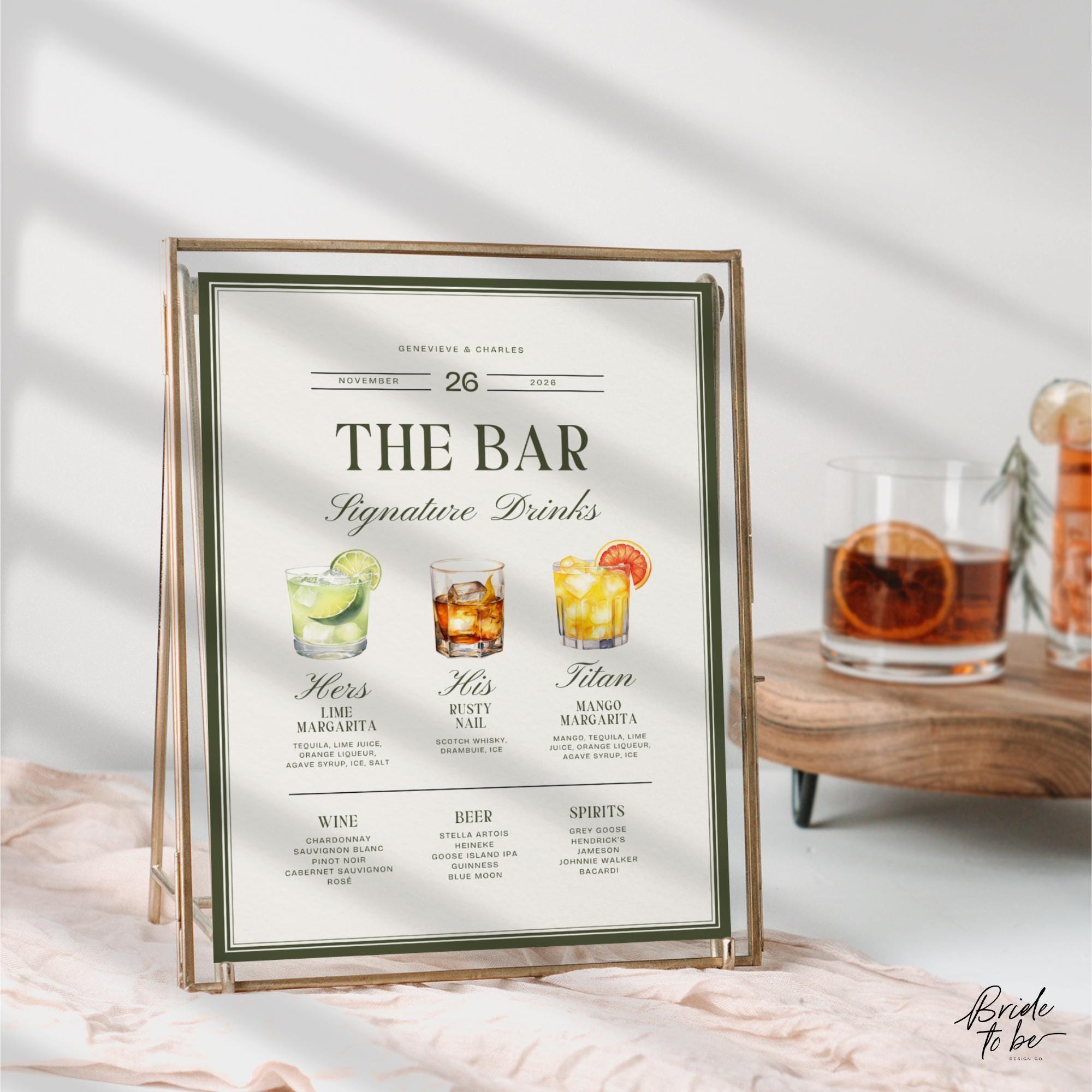Old Money Olive Green Signature Drinks Sign – Classic Wedding Bar Canva Template