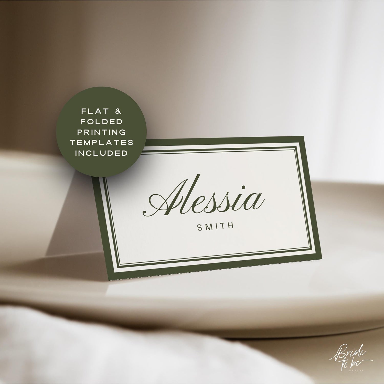 Olive Green Old Money Place Cards – Luxury Flat &amp; Folded Canva Templates