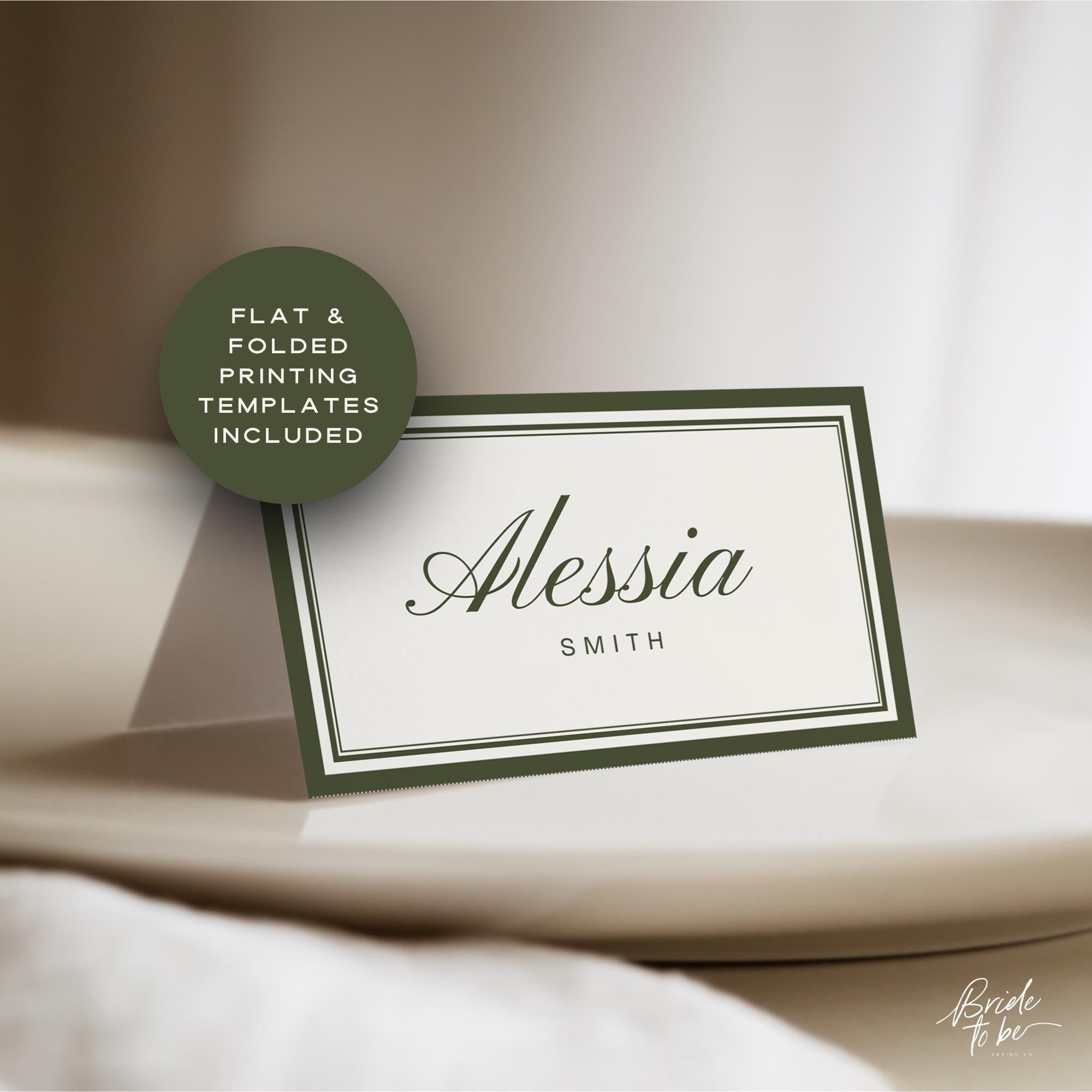 Olive Green Old Money Place Cards – Luxury Flat &amp; Folded Canva Templates