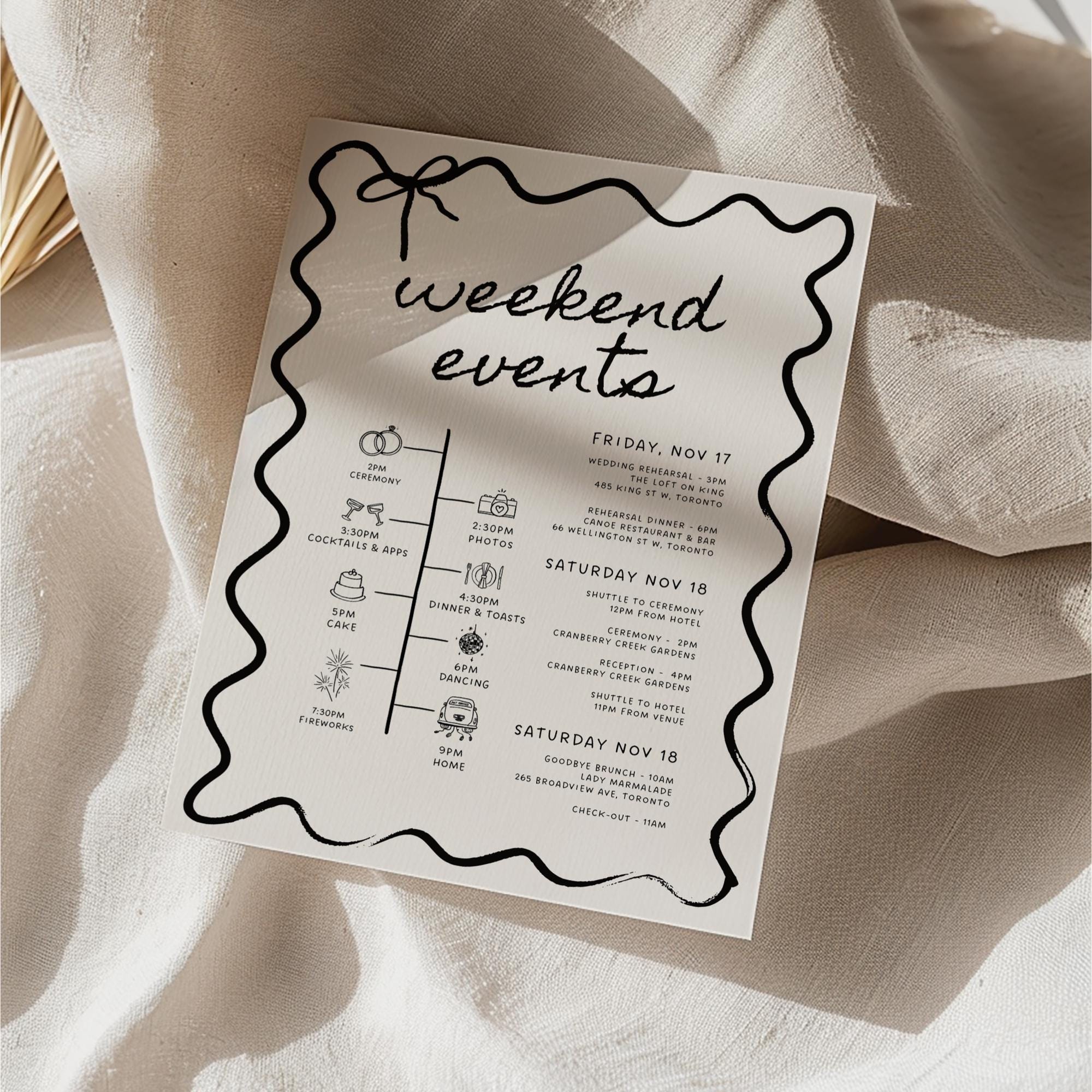 Wavy Wedding Welcome Bag Insert &amp; Timeline – Hand-Drawn Wedding Program Canva Template